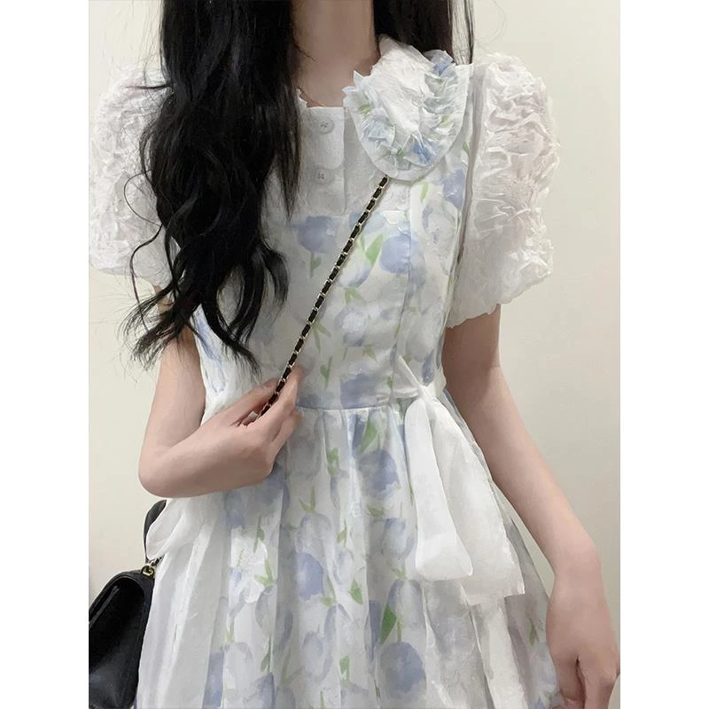 娃娃领碎花连衣裙子女夏季2025新款茶歇桔梗法式初恋清纯奶甜长裙