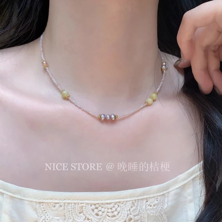 合金项链 晚睡的桔梗「雪樱」小众轻奢串珠项链叠戴锁骨链