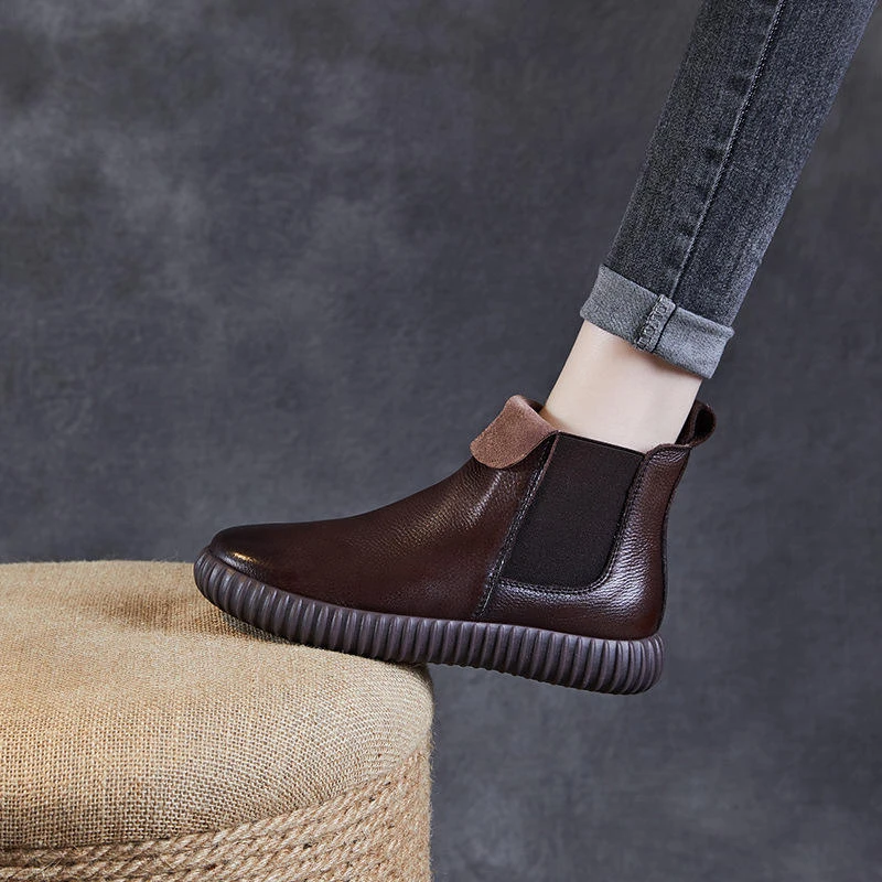 真皮平底切尔西短靴女2024秋新款软底马丁靴牛皮复古高帮翻皮单靴