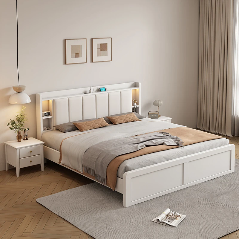 现代简约白色北欧实木床轻奢家用主卧大床高箱储物床公主床