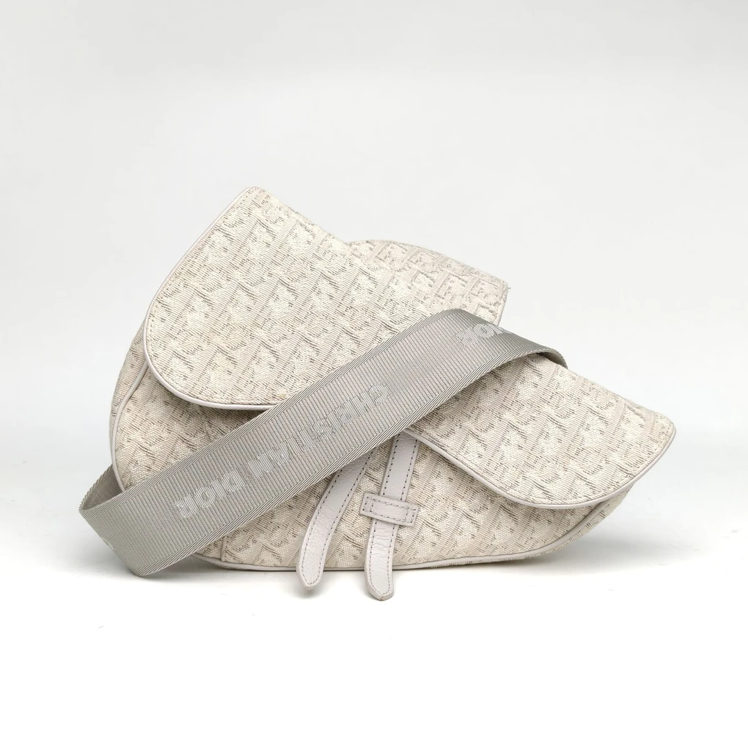 95新 DIOR/迪奥 双攀-马鞍 胸包 米白色 帆布 银扣 Oblique印花