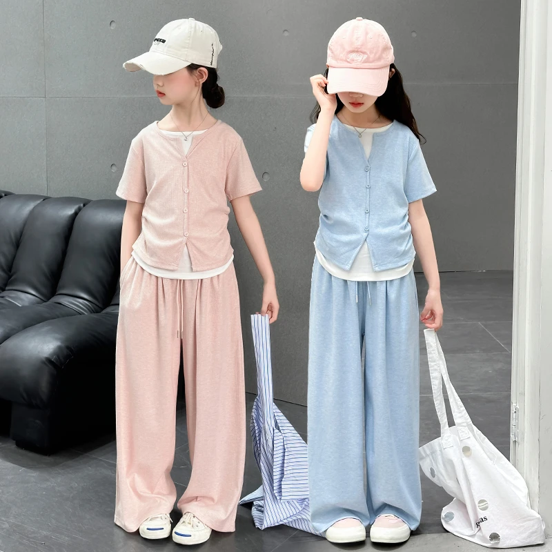 女童套装夏季2025新款儿童假两件上衣短袖女大童欧若风夏装两件套