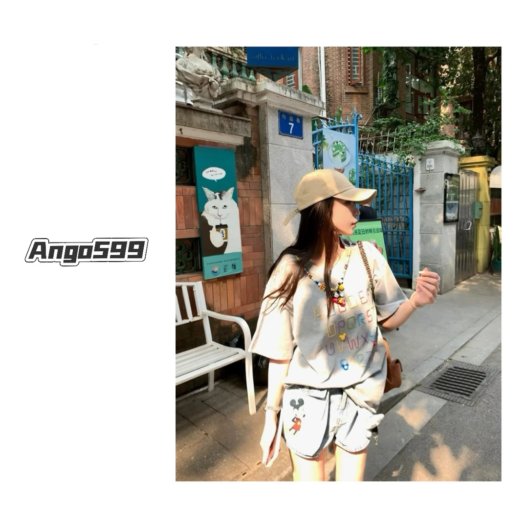 M豆米奇* 小众设计感立体串珠字母刺绣休闲宽松短袖T恤