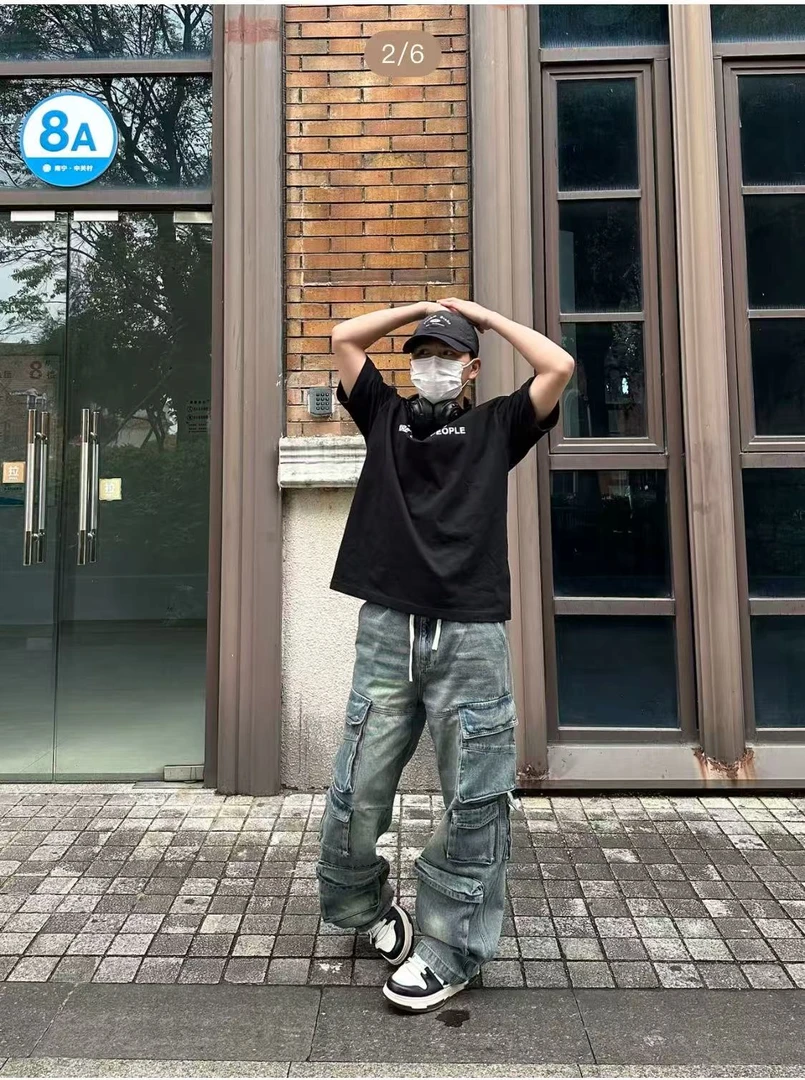 Bo*原复古洗水做旧多口袋双摺设计