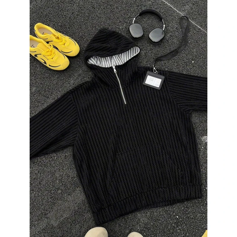 加绒加厚雪尼尔连帽卫衣美式重磅撞色秋冬款男宽松百搭鱼骨纹外套