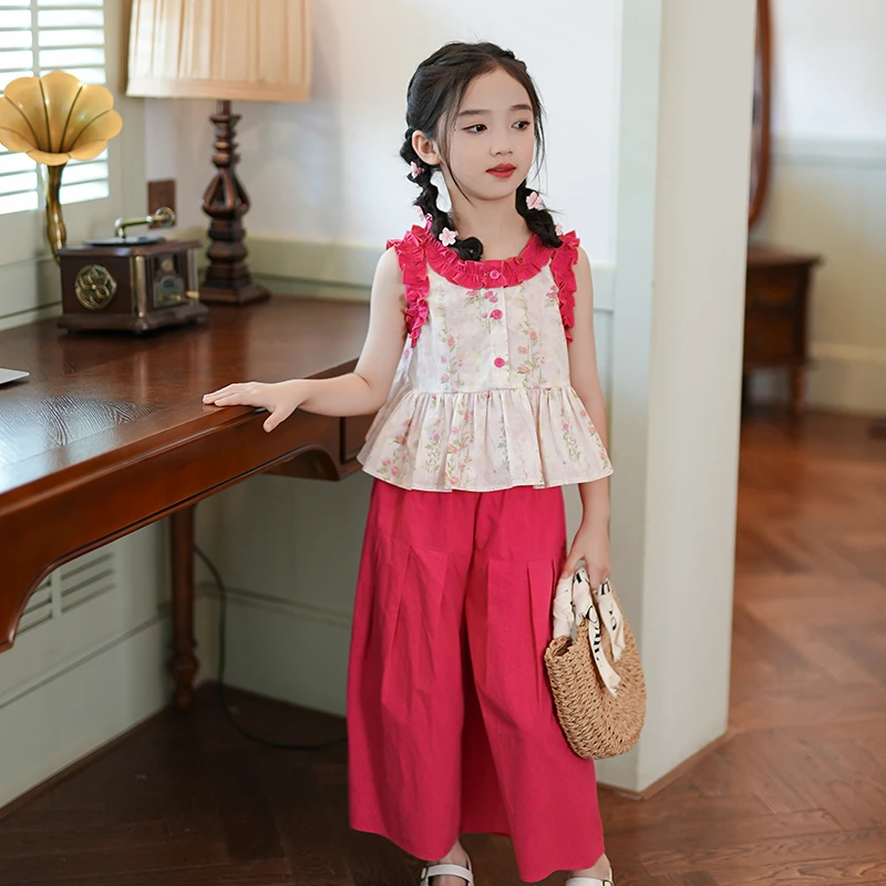 53418儿童衬衫娃娃衫女童夏季2025新款花边拼接碎花上衣无袖背心