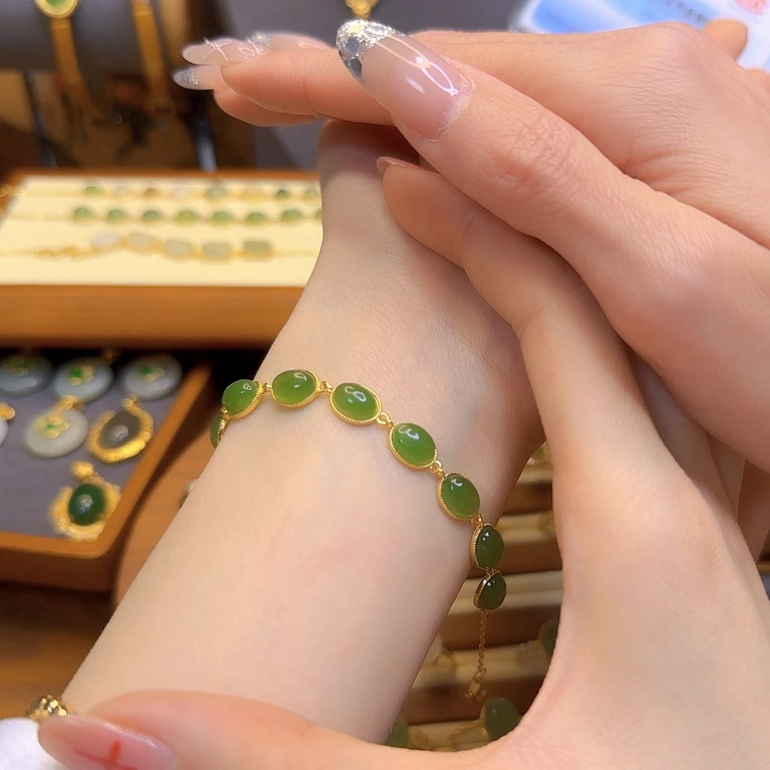 和田玉手链银S925镀金镶嵌