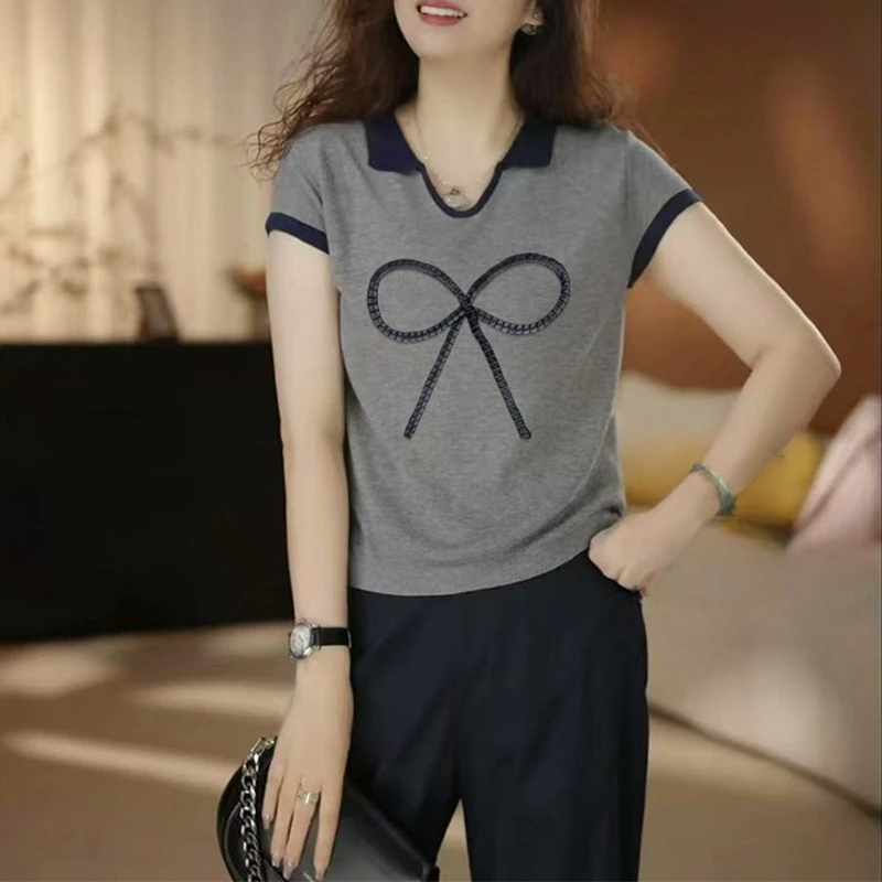 2025夏季新款气质撞色拼接设计感短袖T恤女百搭休闲时尚显瘦上衣