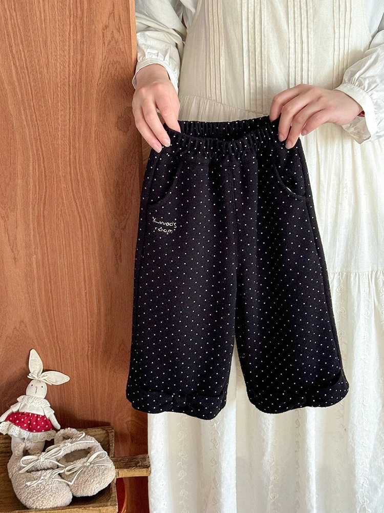 一体绒！女宝宝2025秋冬新款韩版裤子休闲裤松紧腰黑色女长裤秋季