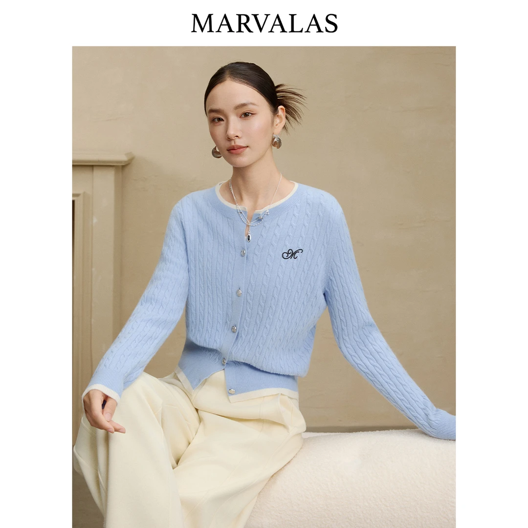 曼德诗绵羊毛撞色针织衫2025冬季新款时尚减龄上衣女开衫外套