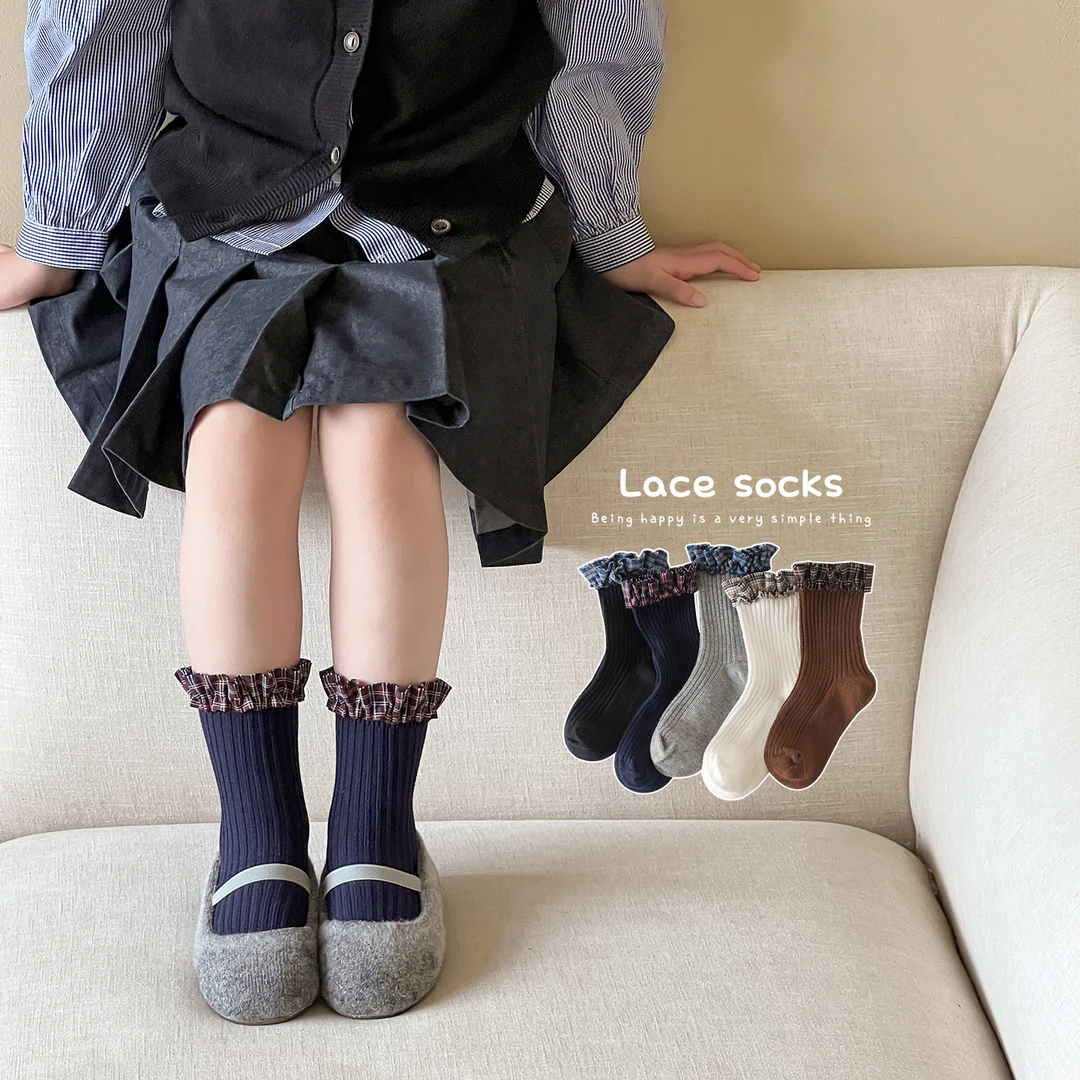 女童袜子春秋棉袜儿童无骨短袜miu系格子花边秋季女孩宝宝中筒袜