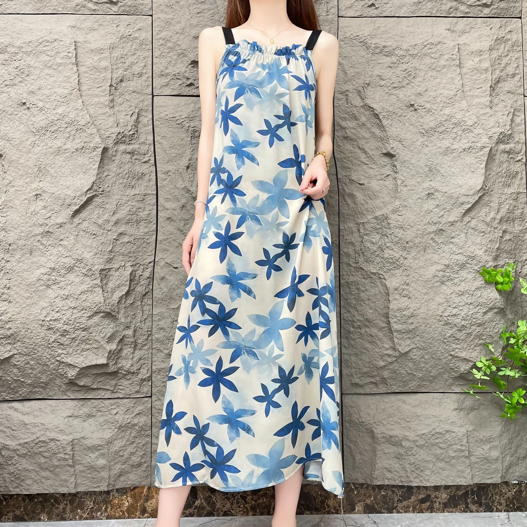 【海岛的回音】夏季轻奢新款宽松无袖吊带气质时尚碎花连衣裙女