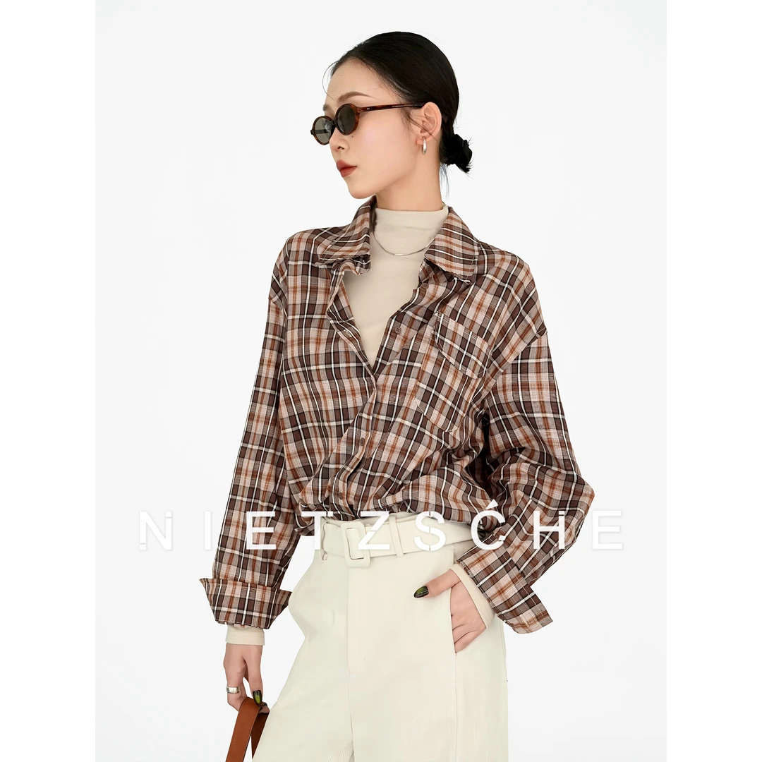 Nietzsche｜栗棕苏格兰｜慵懒纸片人 复古格纹 格子长袖衬衫50253