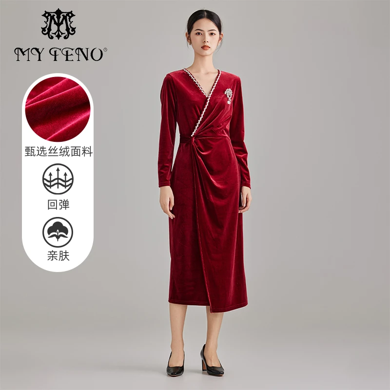 MY TENO/马天奴VRA638气质长袖复古亲肤收腰丝绒回弹绒面连衣裙