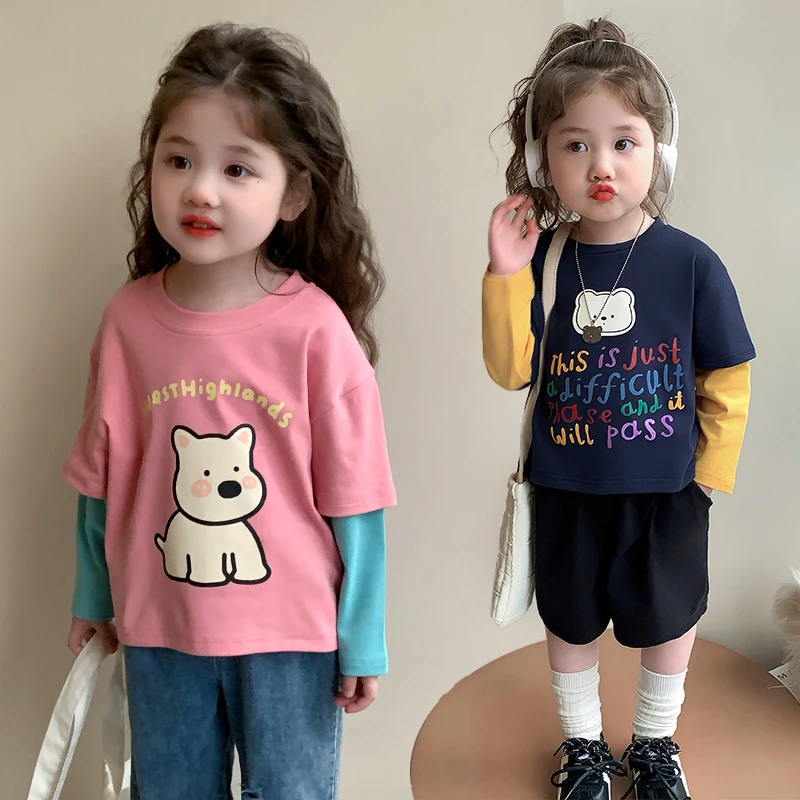 女童春装长袖T恤纯棉2025新款儿童假两件打底衫洋气宝宝春秋上衣t