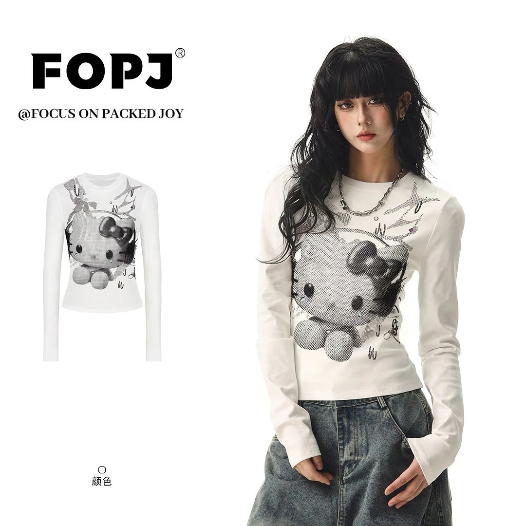 FOPJ美式甜辣妹复古kitty印花长袖t恤女设计感修身显瘦打底衫上衣