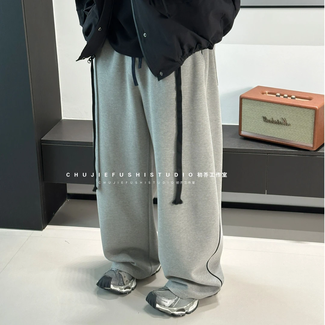 CHUJIE韩版复古侧面撞色宽松帅气弯刀阔腿裤