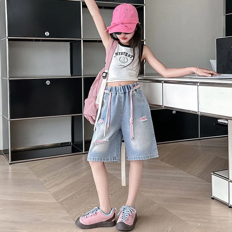 女童短裤夏季2025新款中大童时尚破洞牛仔五分裤儿童运动中裤洋气