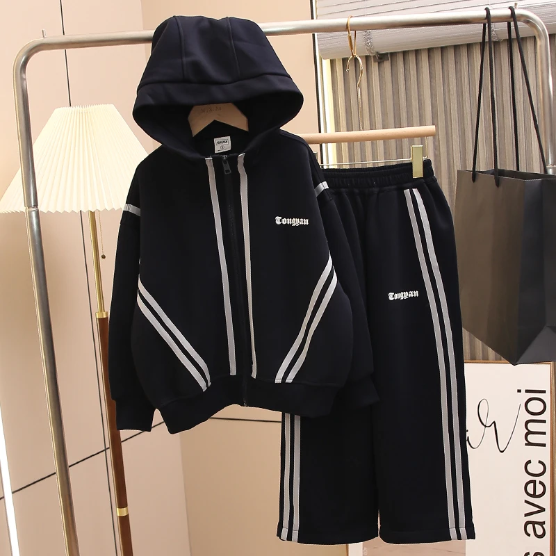 【欢欢优选】秋季新款2025休闲时尚藏蓝连帽运动套装男童套装潮207