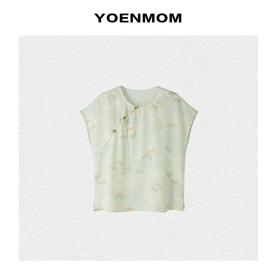 YOENMOM·幻蝶·张国权100桑蚕丝三经绞罗小清新斜襟大漆流苏扣上衣