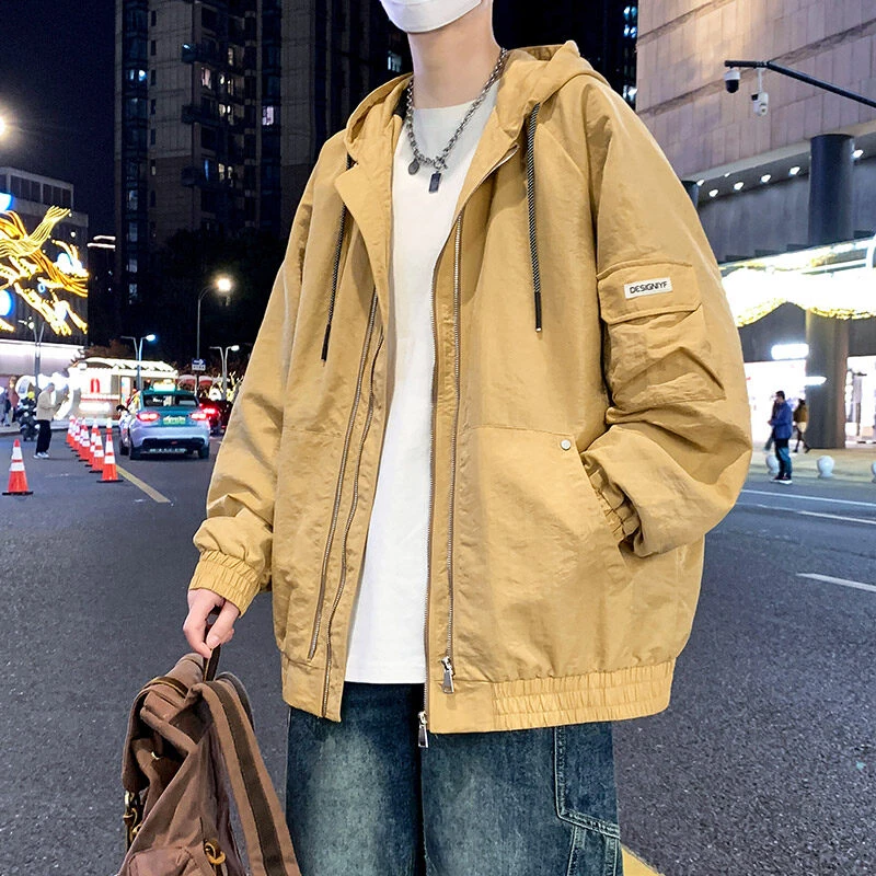 男生春装新款时尚潮牌连帽夹克港风极简帅气百搭休闲冲锋衣外套