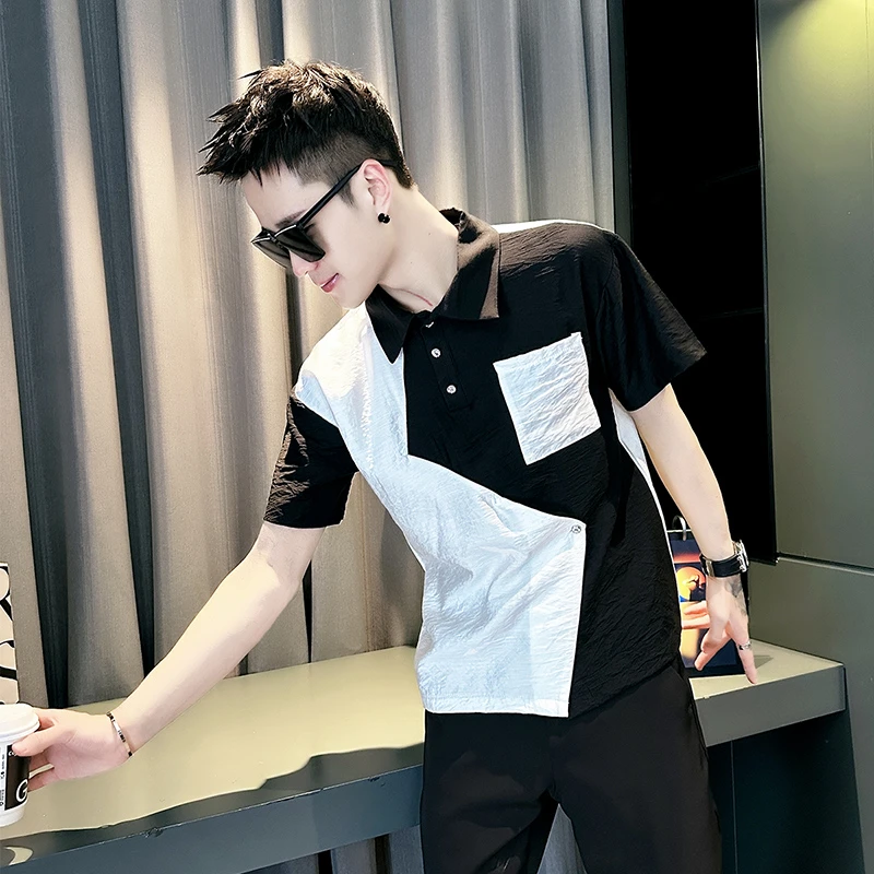 短袖衬衫男款夏季2025新设计感潮牌撞色Polo衫领半袖衬衣男装寸衫