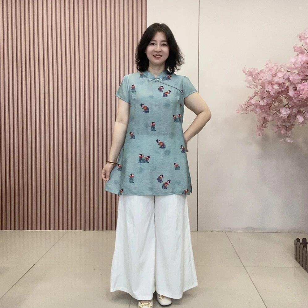 3901套装大码女装国风盘扣中长款上衣阔腿裤两件套夏季轻薄透气