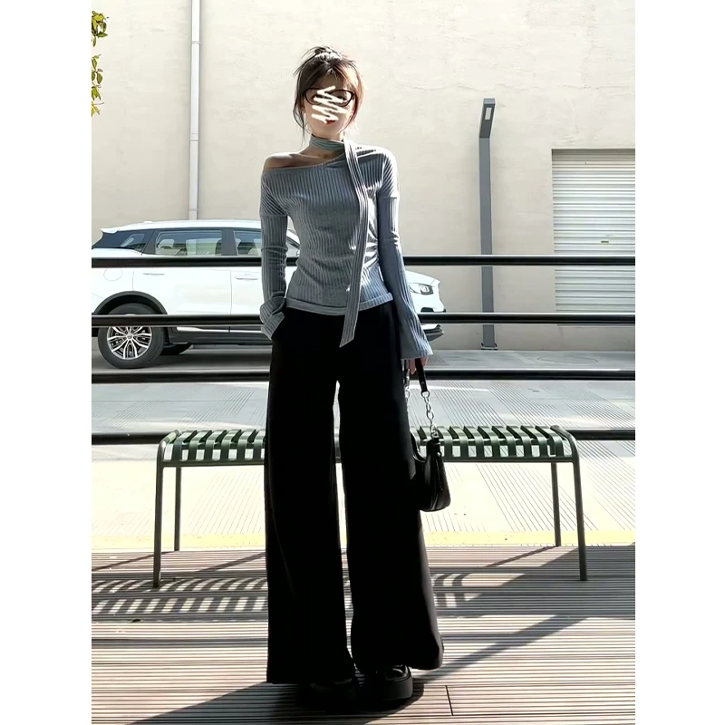 2025秋季新款女韩系穿搭斜肩挂脖飘带针织上衣高腰宽松显瘦阔腿裤