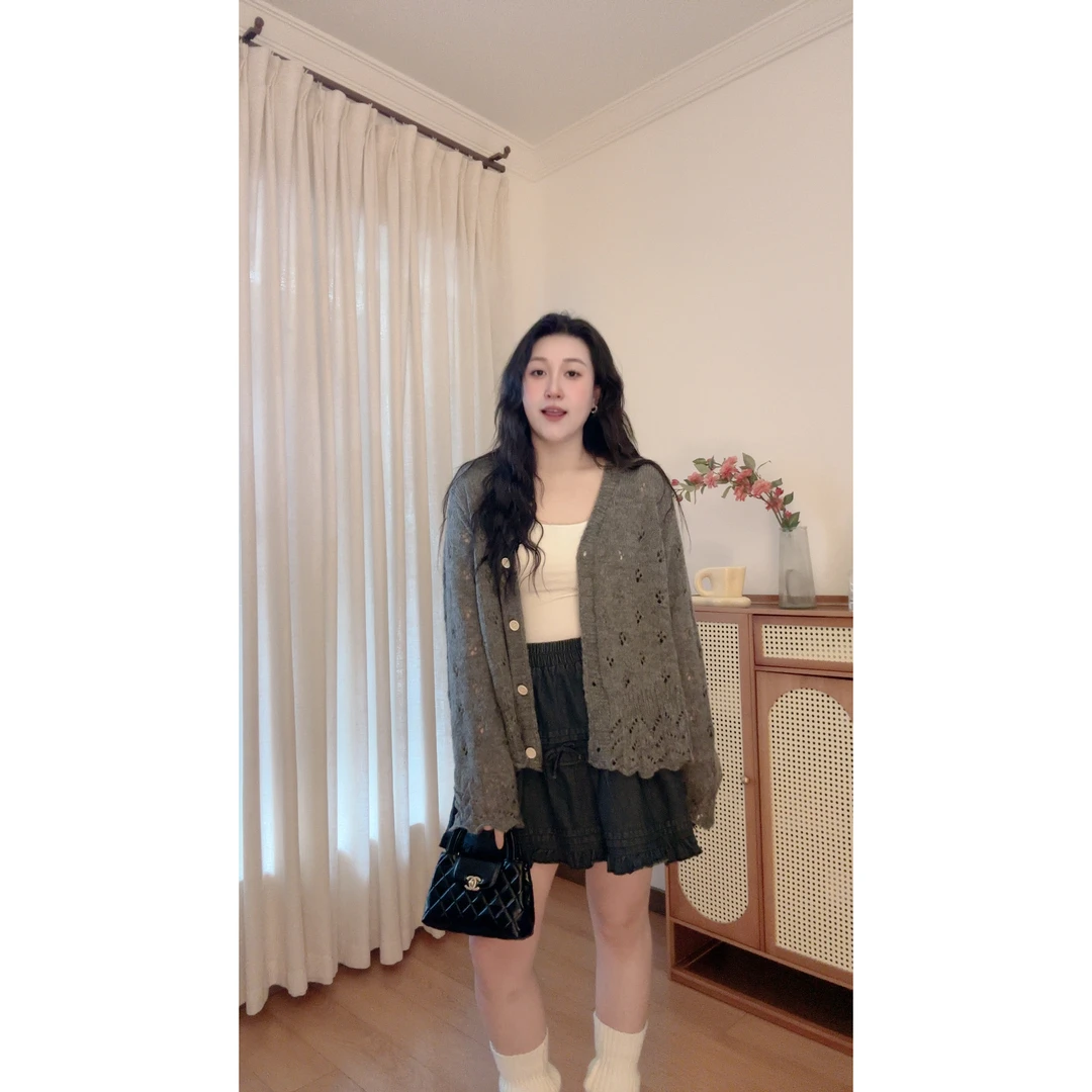 早秋新款韩版宽松大码显瘦百搭纯色长袖针织开衫加牛仔裙套装