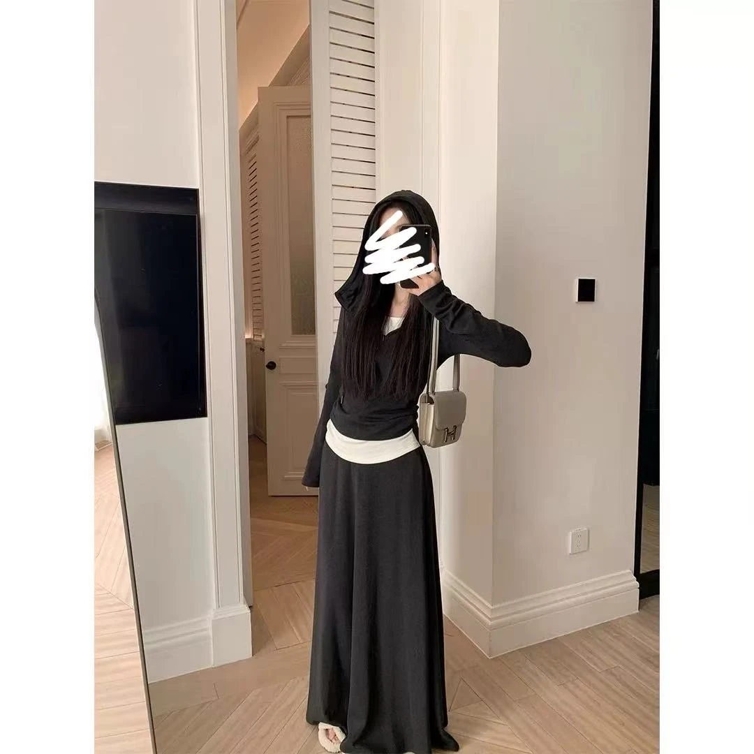 灰色连帽假两件套装长袖阔腿裤半裙慵懒休闲高级感2025秋冬季新款