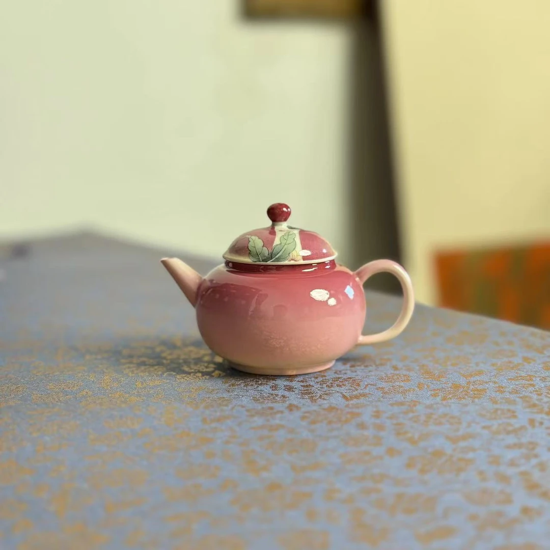 《梦乔茶器》雅圣景德镇手工手绘胭脂红渐变桃壶釉上彩高温高端窑口