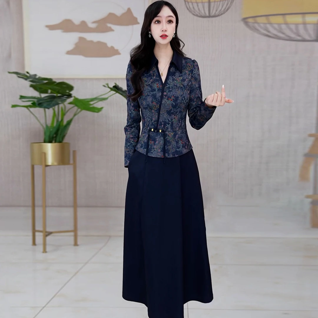国风气质假两件连衣裙女2025年秋季新款妈妈装修身显瘦中长款裙子