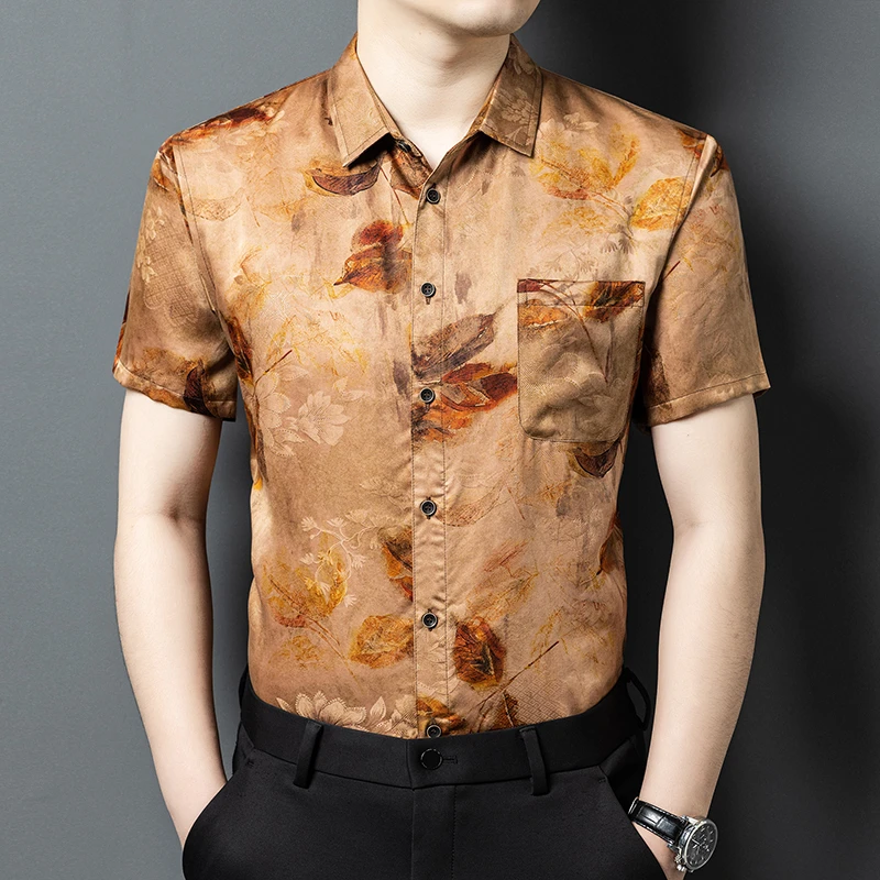 真丝桑蚕丝100%男士夏装短袖总裁定制中国风翻领衬衫新款爆款轻奢