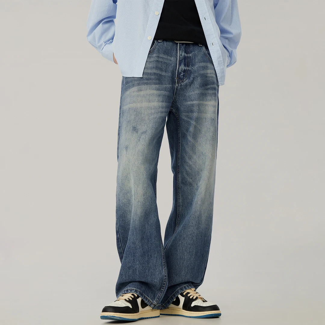 2025秋季新款美式高街水洗复古手擦猫须牛仔裤男宽松垂感阔腿长裤