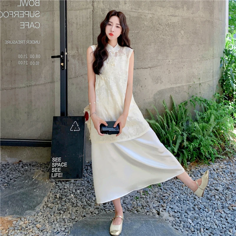 新中式国风刺绣立领旗袍罩衫吊带连衣裙套装两件套女夏白月光穿搭