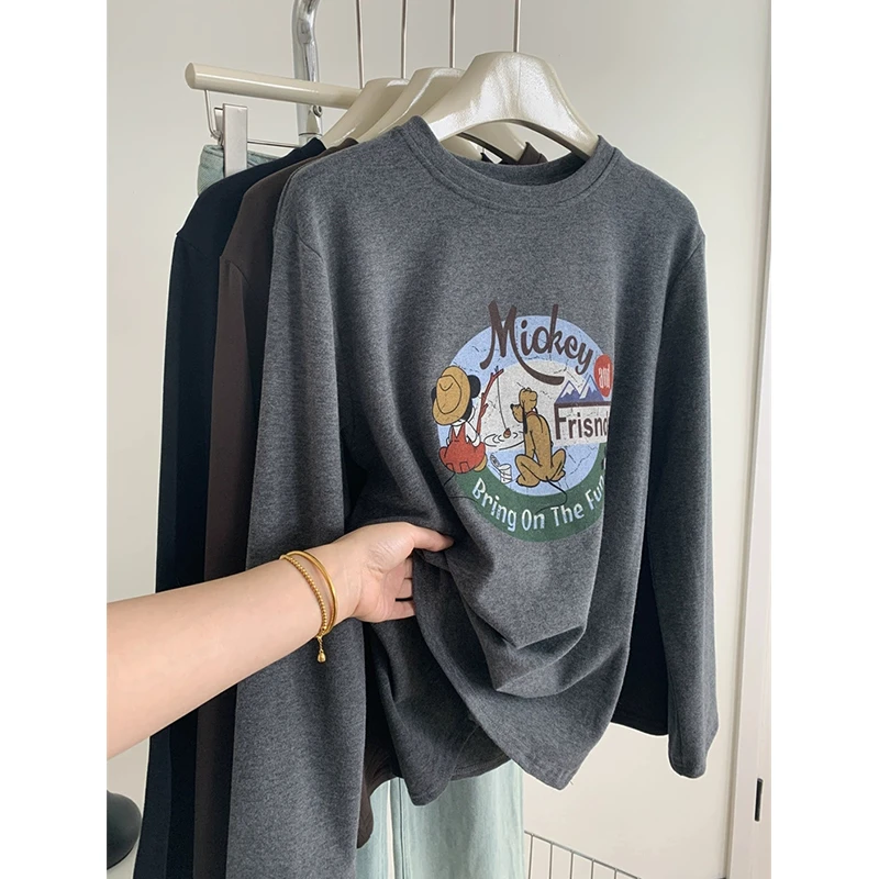 胖妹妹240斤大码卡通布鲁托加厚磨毛长袖打底衫女秋冬德绒T恤上衣