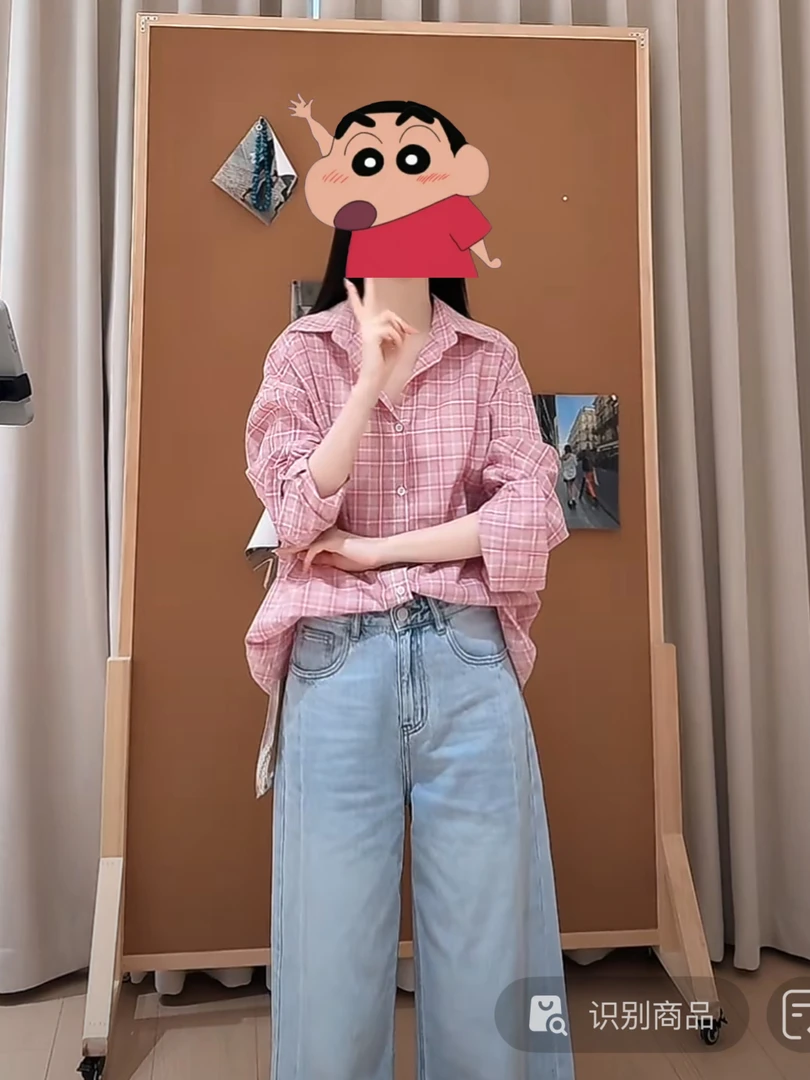 卷毛 福（1jm26991#）夏日炎炎～粉嫩嫩宽松格子衬衫4-18