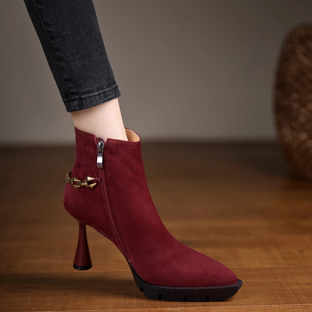 小个子手工女鞋9cm~黑色高跟短靴子尖头细跟时装靴秋冬新款瘦瘦靴