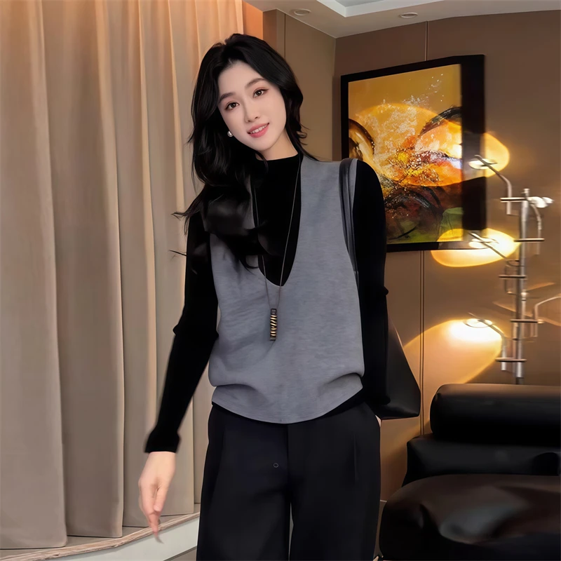 潮流叠穿T恤马甲两件套女2025秋季新款时髦简约通勤T恤马甲两件套