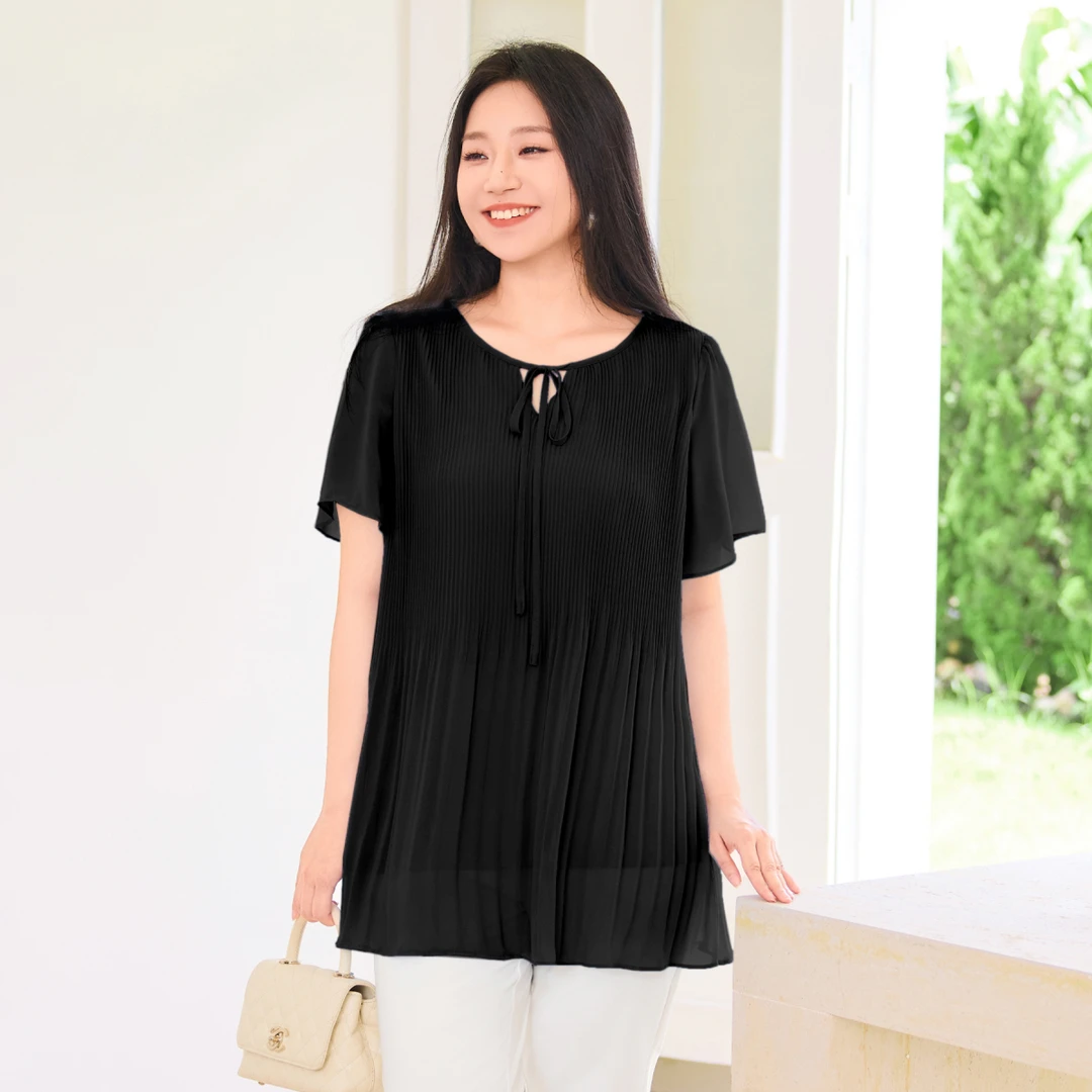 【轻薄凉爽气质压褶显瘦雪纺小衫】MsShe大码女装2025新秋A2507021