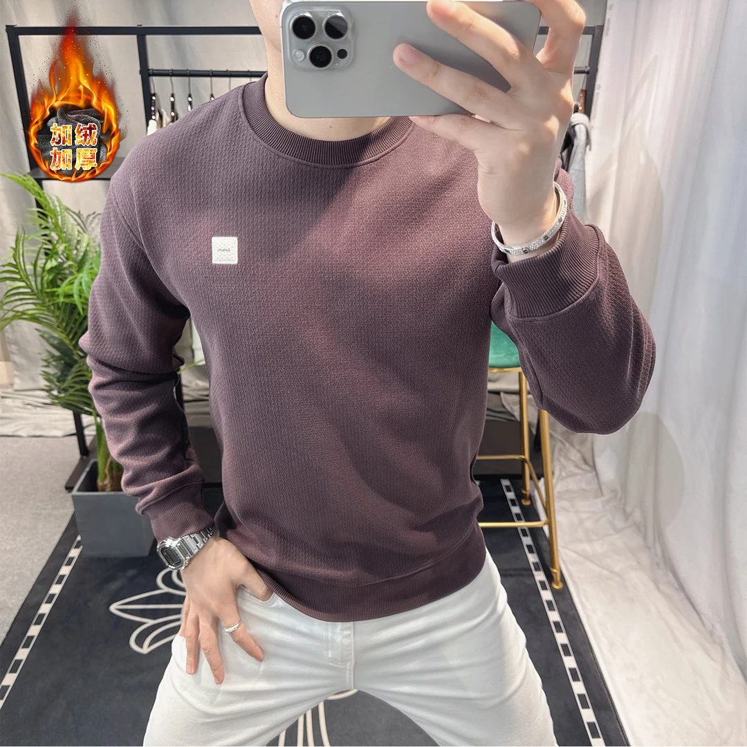 2025欧洲站男士简约卫衣加绒保暖圆领套头刺绣长袖上衣帅气欧货男