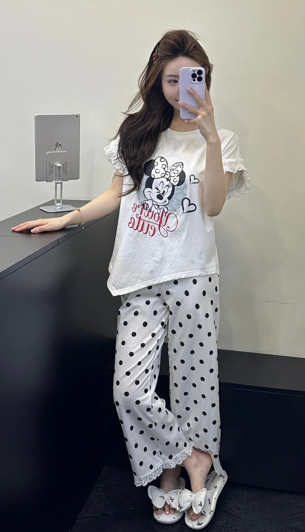 2025新款可外穿休闲韩版米奇薄款花边短袖长裤家居服套装251471