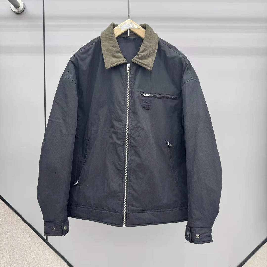 《黑色》美式老钱风撞色拼接翻领棉服-1239