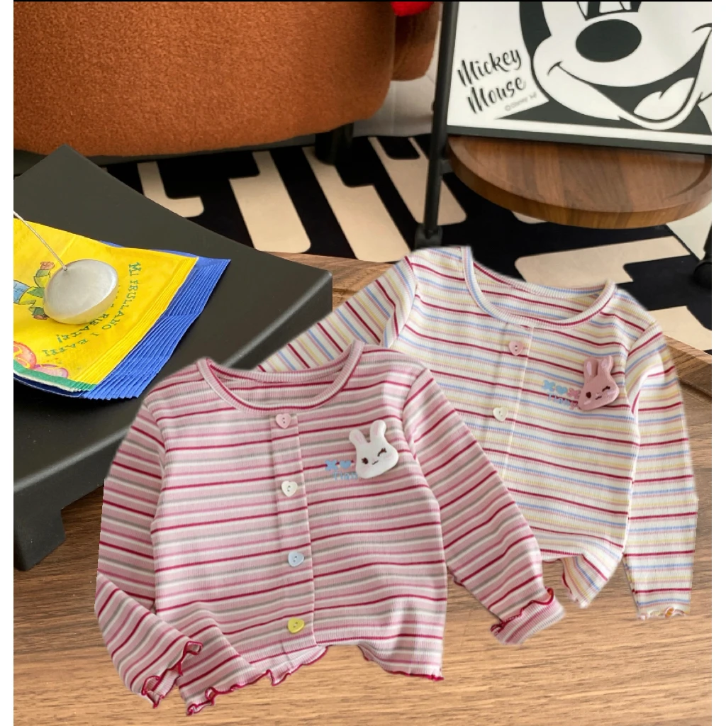 【工厂直销】女童秋装2025新款甜美木耳边儿童上衣条纹T恤打底衫潮