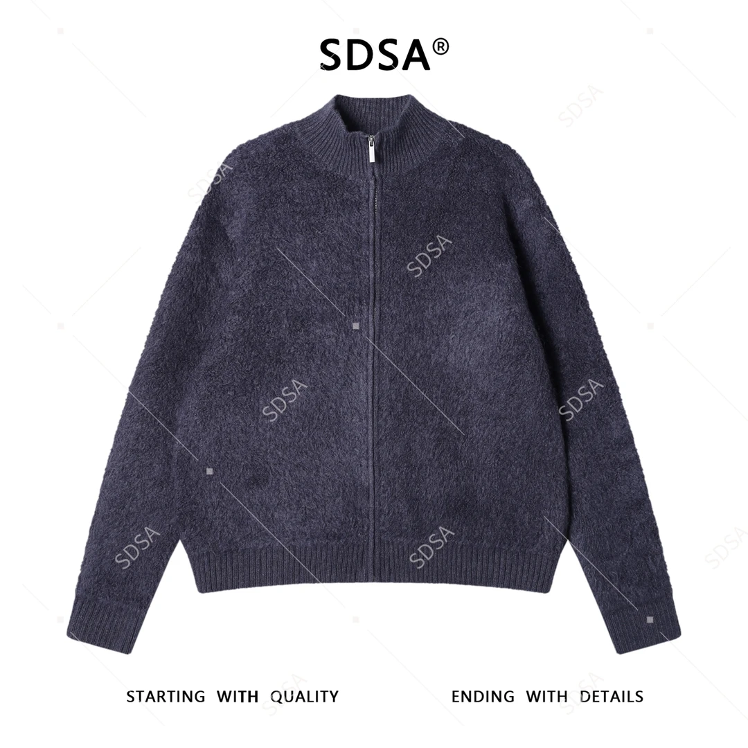 SDSA秋冬新款痞帅男装潮牌短款绒面拉链立领针织衫百搭开衫毛衣
