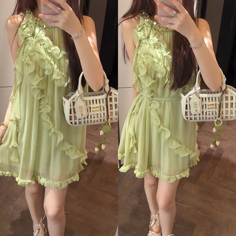 【mimius】U 薄荷梦境甜美温柔荷叶边挂脖连衣裙 G05440-2