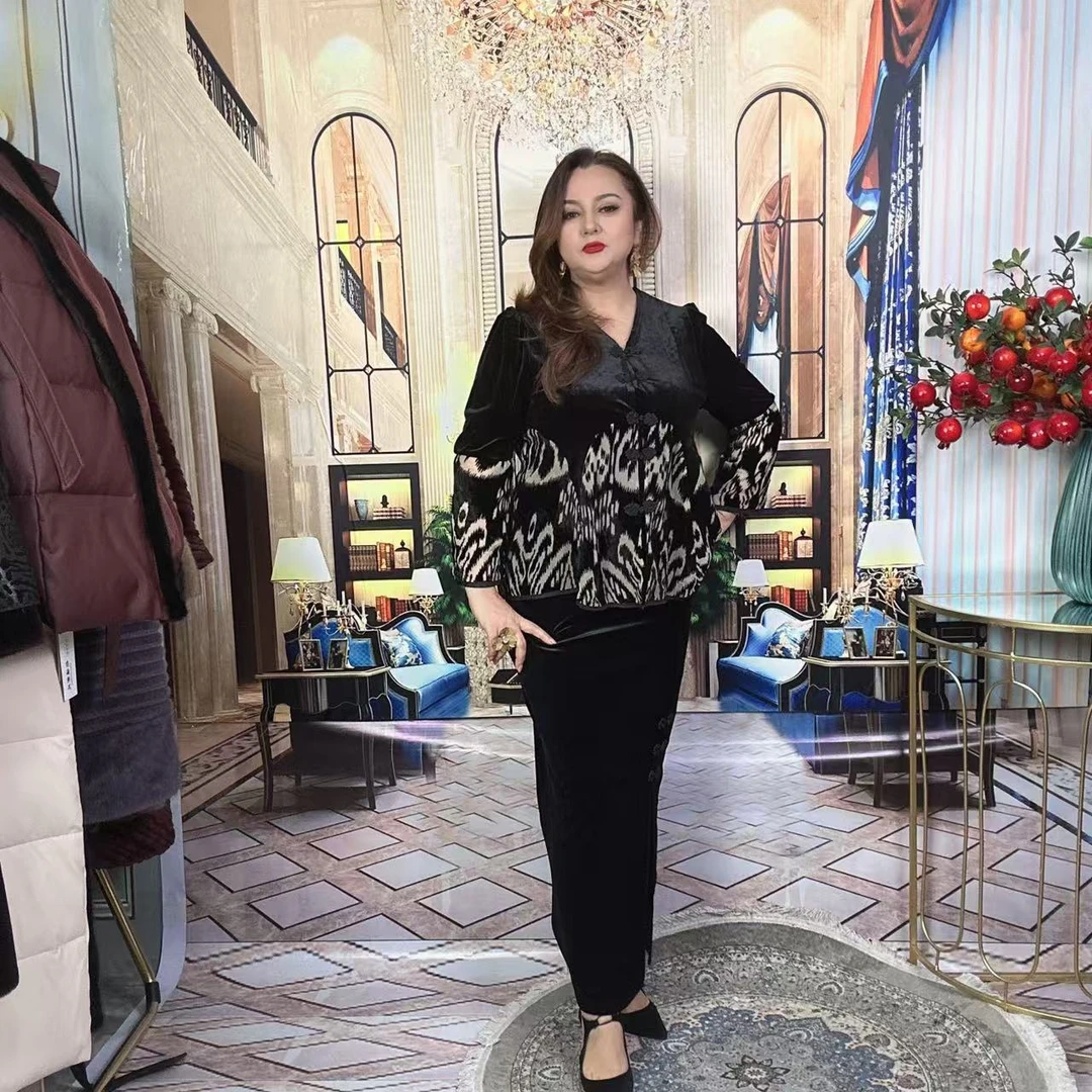 新中式中国风镂空丝绒套装女经典爱提莱斯两件套