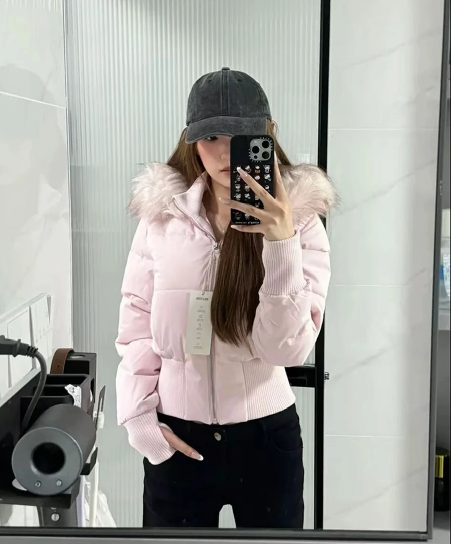 宽松型连帽常规短款长袖棉服棉衣毛领外套加厚冬季