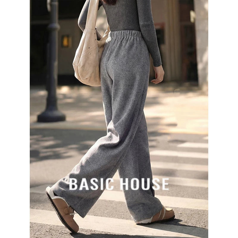 Basic House/百家好灰色阔腿卫裤加绒加厚宽松直筒长裤女2025冬季