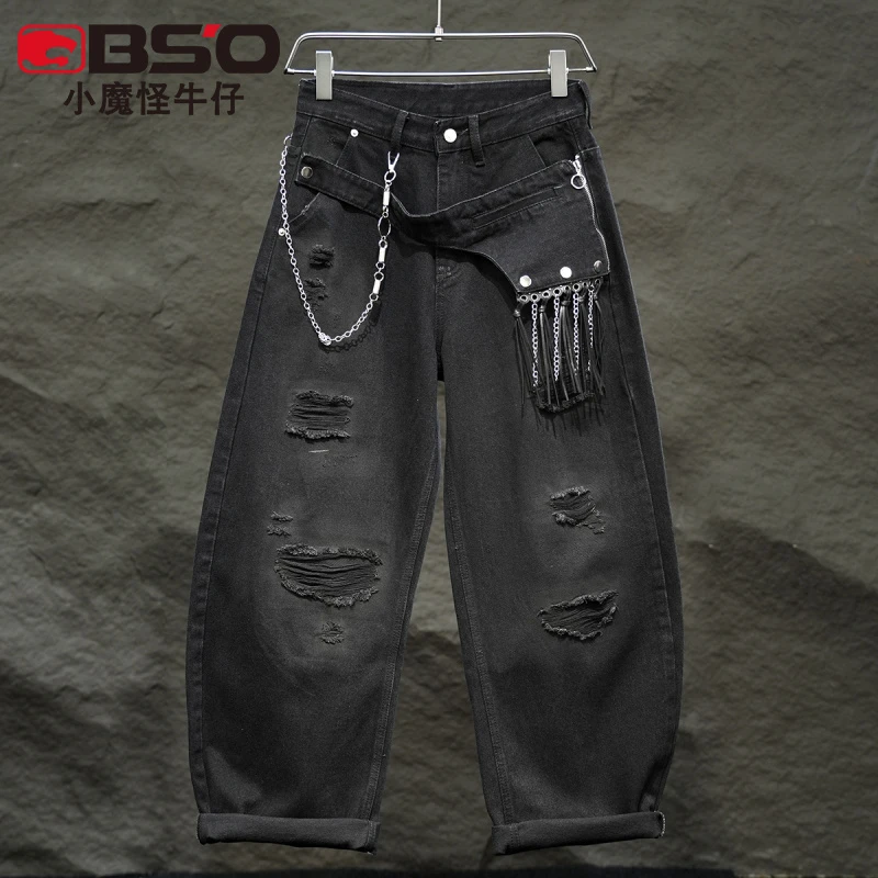 小魔怪美式高街设计师原创破洞牛仔裤男潮牌宽松直筒百搭挂链长裤